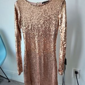 New Years Eve Rose Gold Short Long Sleeve Sequin Dress